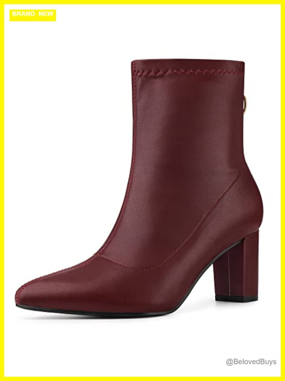 Ankle Boots Pointy Toe Chunky Block Heel Back Zip Booties